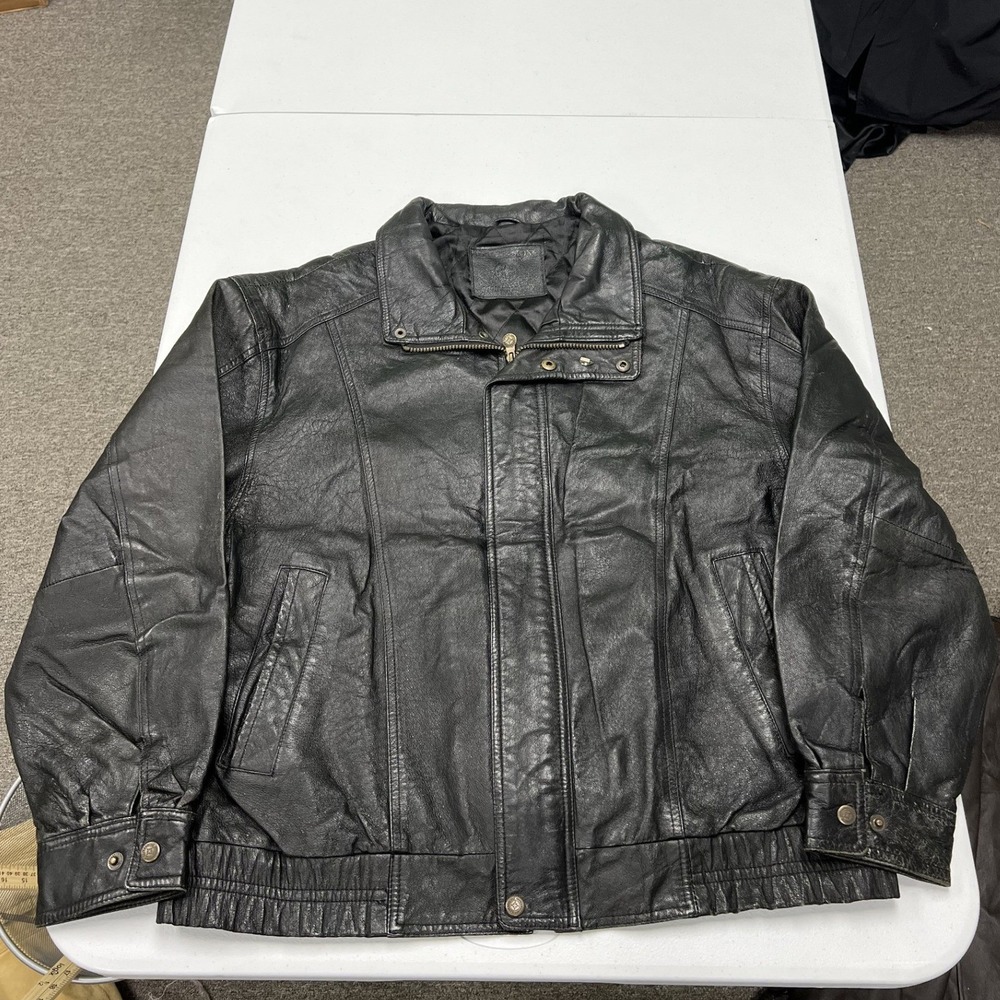 Adventure Bound Leather Jacket Mens L Black Bomber Quilted Lined Full Zip Vtg